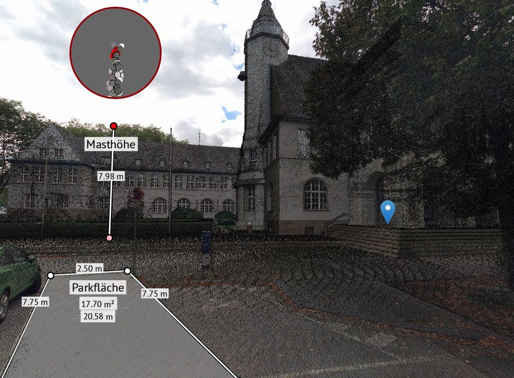 Abbildung Panoramabild und 3D-Punktwolke ermöglichen präzise Messungen, z.B. zu Höhen oder Flächen (© Geonetzwerk.mR2025/DatenCyclomedia/ViewerPCT)